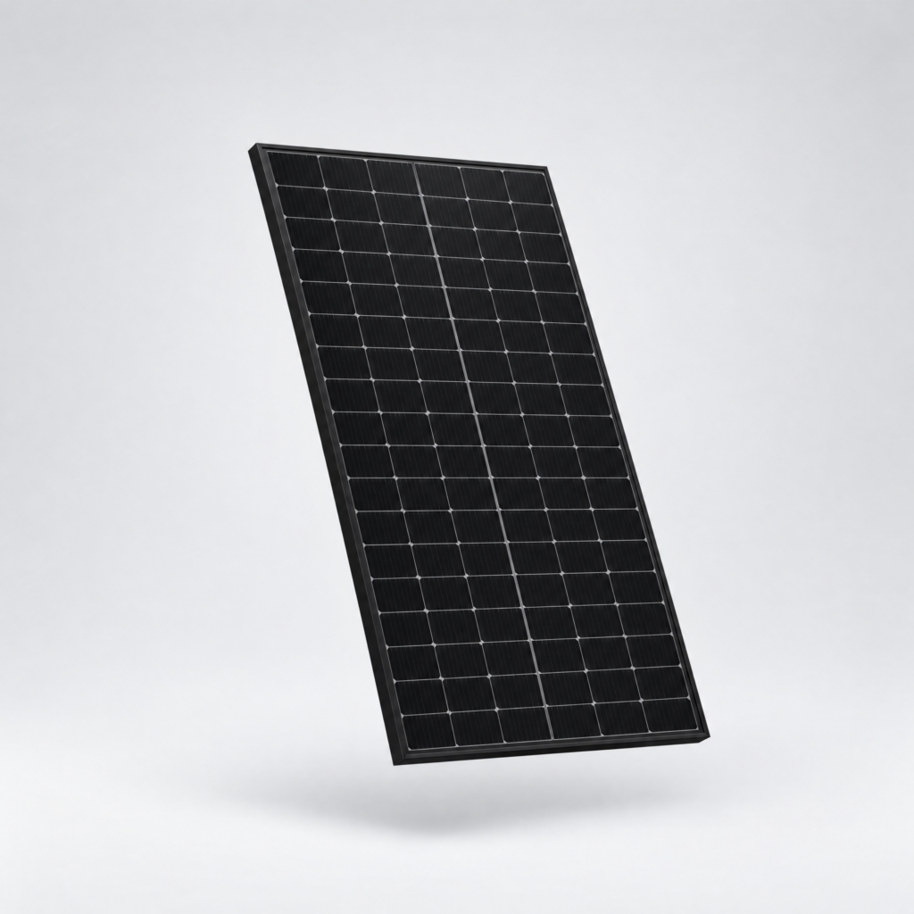 JA Solar JAT54S41 LR 485W black n-type monocrystalline solar panel, angled studio product photo