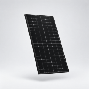 JA Solar JAT54S41 LR 485W black n-type monocrystalline solar panel, angled studio product photo